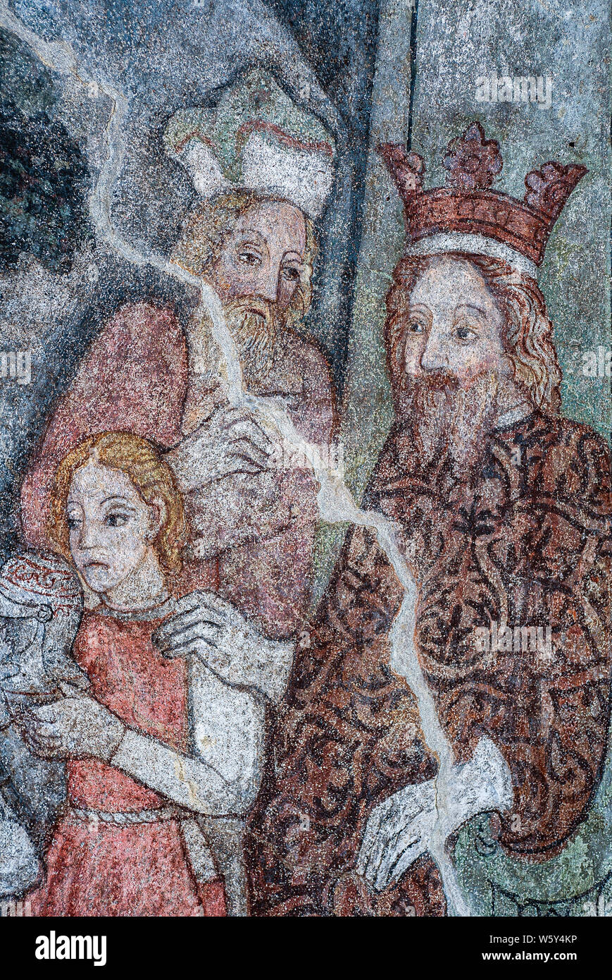Italy Piedmont  Romagnano Sesia Benedictine Abbey of San Silano (San Silvano) cellar  of saints Frescoes -  the habit of David - Detail King Saul, Stock Photo