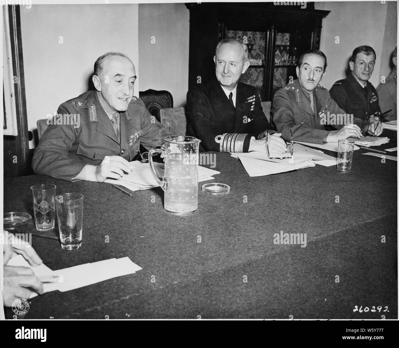 Taking a part in the Combined Chiefs of Staff discussions at the Potsdam Conference in Germany, L to R: Lt. Gen. Sir Gordon McCready, Admiral of the Fleet Sir Andrew Cunningham, and Field Marshal Sir Alan Brooke (British officers). Stock Photo