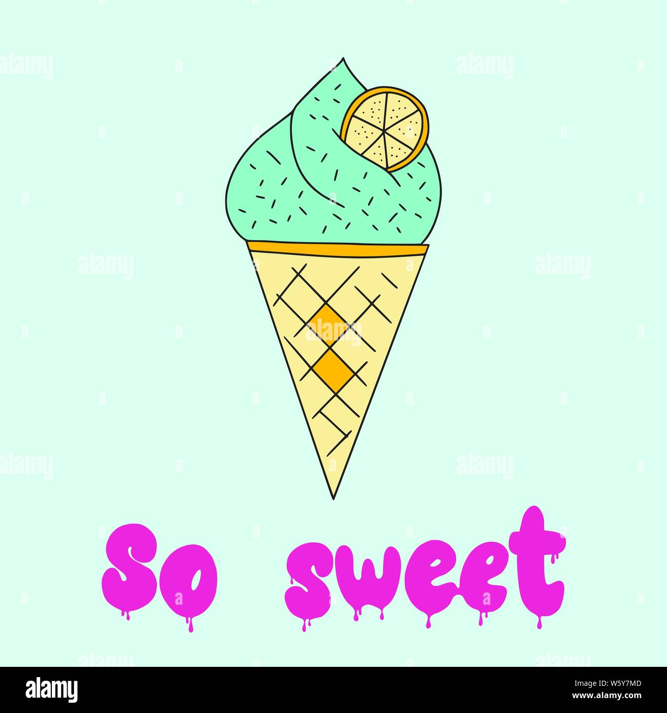 Vector cartoon mint ice cream illustrations. Handdrawn greeting card