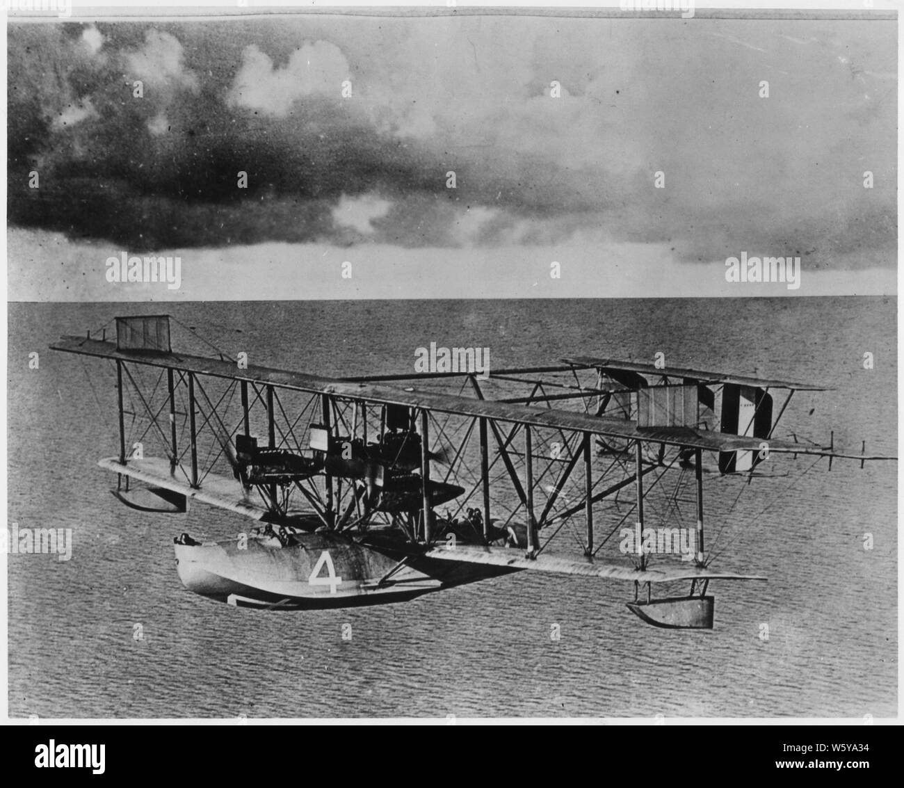 The first aircraft to fly the Atlantic. There were three of these NC-4's which started across the Atlantic in May 1919 for Europe but only the NC-4 piloted by LCDR. A. C. Read completed the crossing. The flight began at Trepassey, New Foundland on May 16, 1919 and after 17 hours the NC-4 arrived at Horta, Azores. Ten days later it completed the flight arriving at Plymouth, England on May 26, 1919. Stock Photo