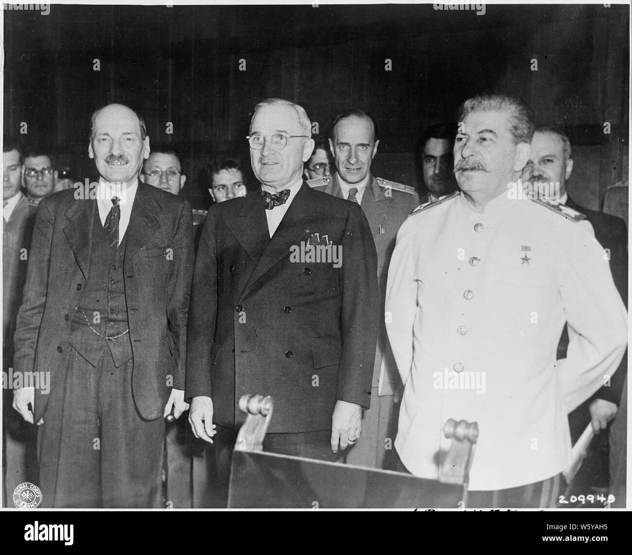 The new Big Three meet for the first time at the Potsdam Conference in Potsdam, Germany. L to R: new British Prime Minister Clement Attlee, President Harry S. Truman, and Soviet Prime Minister Josef Stalin. Stock Photo