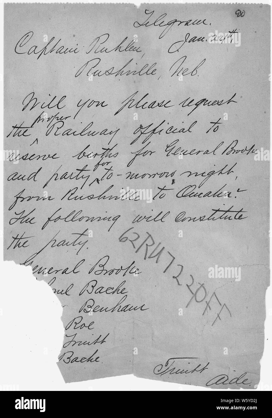 Train Berth Reservations; Scope and content:  This is document pertains to: Correspondence Between Military Officers Regarding Wounded Knee Tragedy. November 24, 1890 to January 24, 1891. Stock Photo