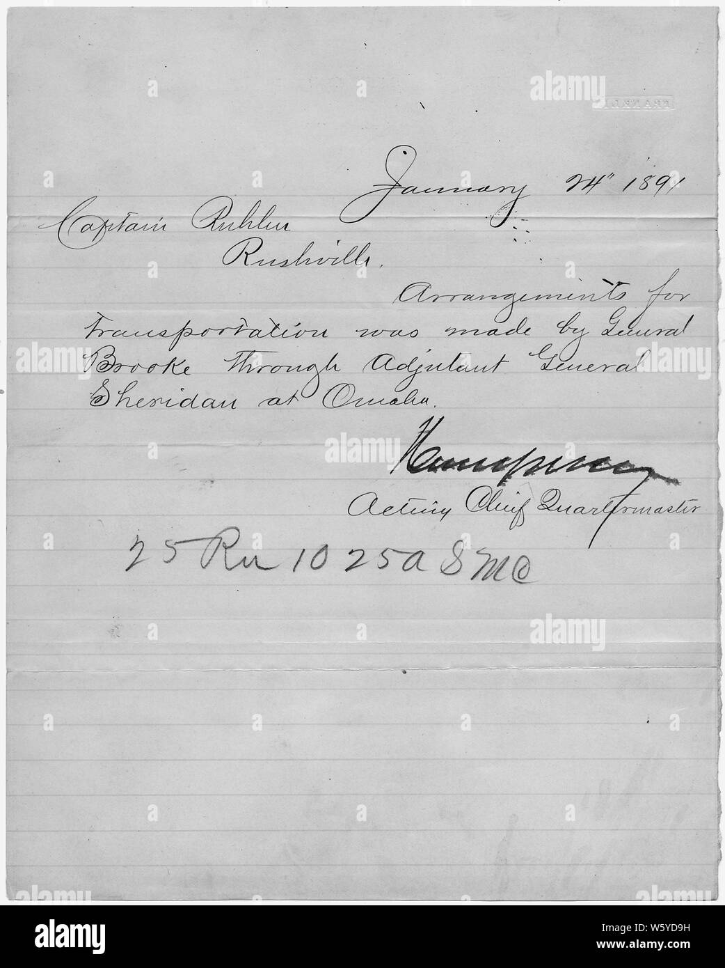 Transportation Arrangements; Scope and content:  This is document pertains to: Correspondence Between Military Officers Regarding Wounded Knee Tragedy. November 24, 1890 to January 24, 1891. Stock Photo