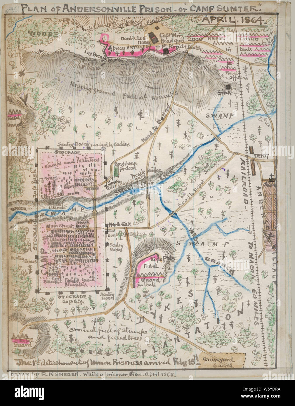 Civil War Maps 1300 Plan of Andersonville Prison or ''Camp Sumter'' April 1864 Rebuild and Repair Stock Photo