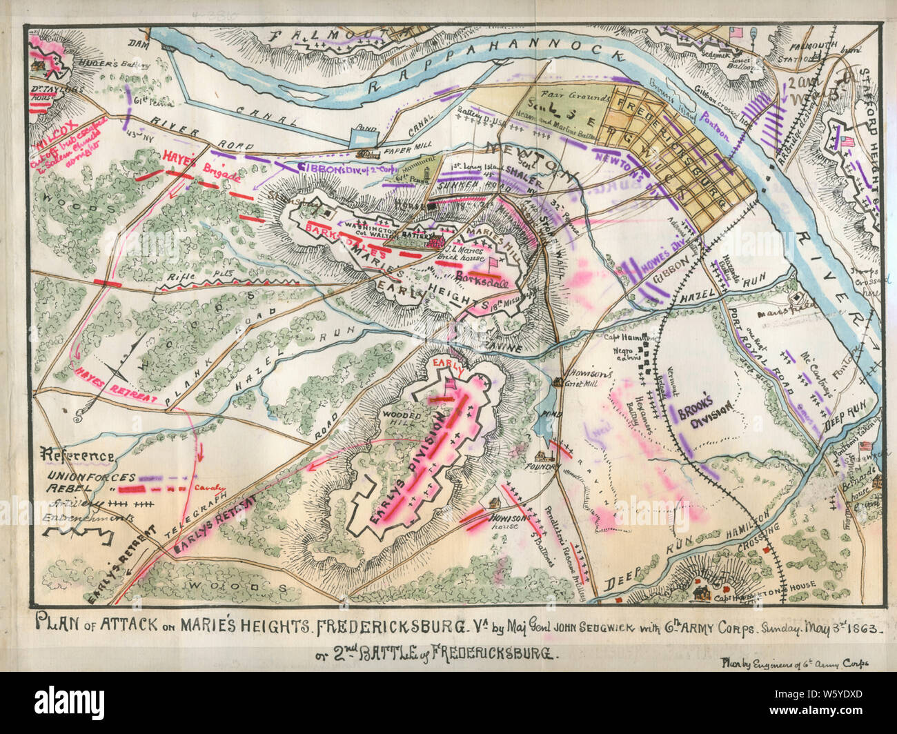 Civil War Maps 1304 Plan of attack on Marie's Heights Fredericksburg Va or 2nd Battle of Fredericksburg By Maj Genl John Sedgwick with 6th Army Corps Sunday May 3rd 1863 Rebuild and Repair Stock Photo