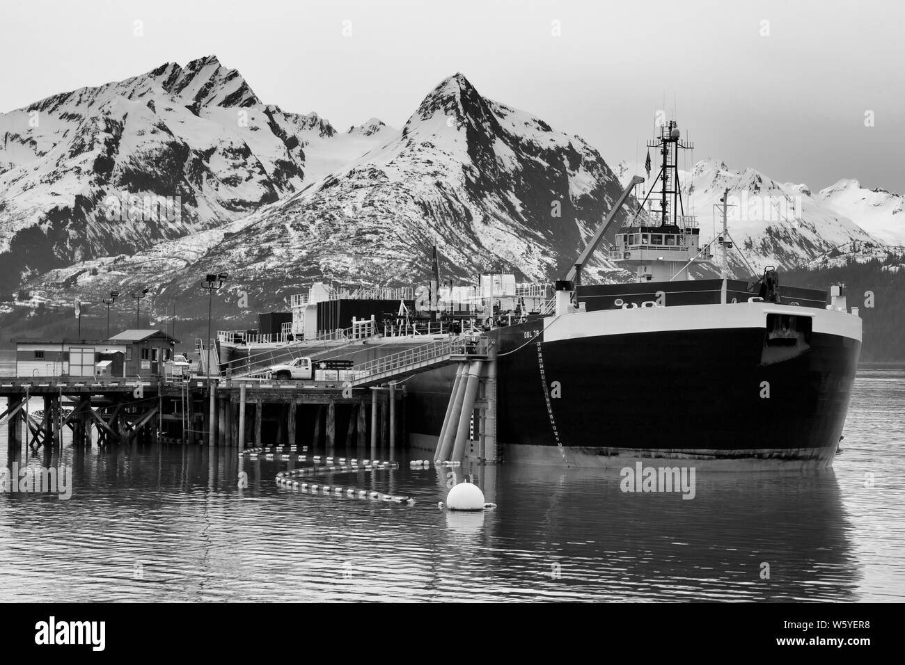 Fuel barge & tugboat, Valdez, Prince William Sound, Alaska, USA Stock
