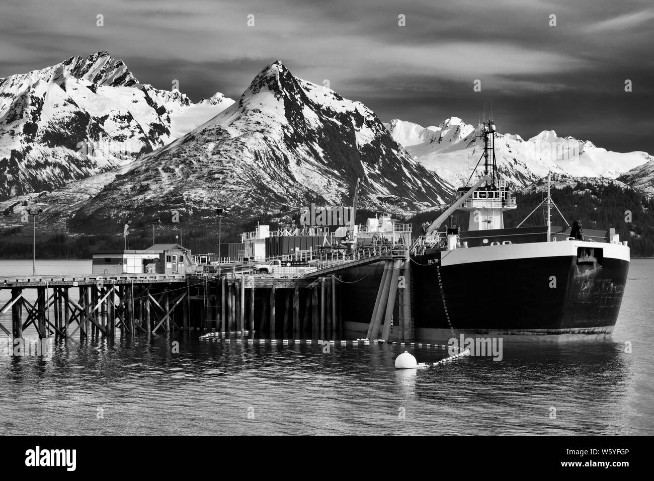 Fuel barge & tugboat, Valdez, Prince William Sound, Alaska, USA Stock