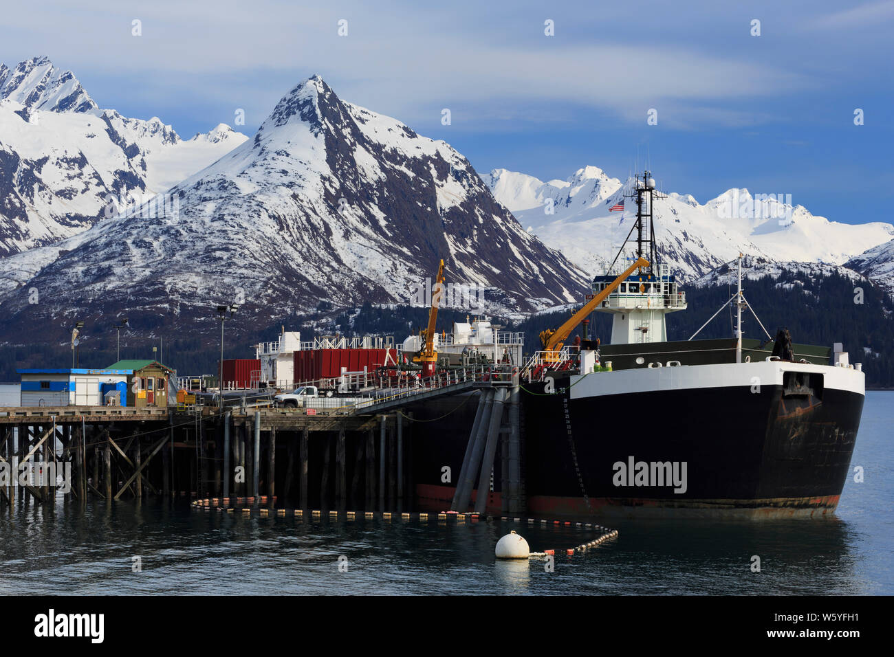 Fuel barge & tugboat, Valdez, Prince William Sound, Alaska, USA Stock