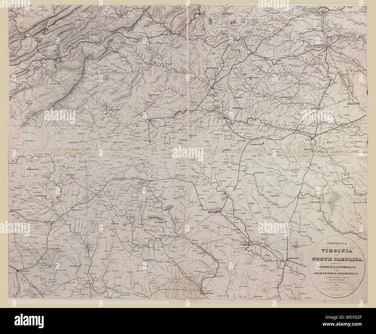 Civil War Maps 1444 Portions of Virginia and North Carolina embracing Richmond Lynchburg Va and Goldsboro Salisbury NC Rebuild and Repair Stock Photo