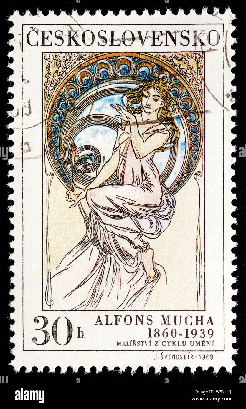 Czechoslovakia Postage Stamp - Alfons Mucha:Music Stock Photo
