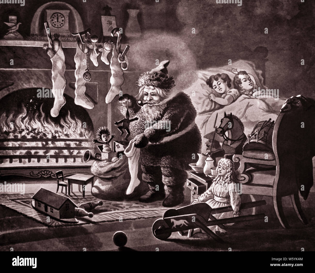 1880s SANTA SMOKING HIS PIPE BY FIREPLACE FILLING CHRISTMAS STOCKINGS HUNG BY THE CHIMNEY WITH CARE AS CHILDREN ARE FAST ASLEEP - a5955 SPL001 HARS BROTHER OLD FASHION SISTER BEARD 1 JUVENILE MYSTERY JOY LIFESTYLE FEMALES BROTHERS PIPE CLAUS HOME LIFE HALF-LENGTH PERSONS INSPIRATION CUTOUT MALES SIBLINGS CONFIDENCE SENIOR MAN GIFTS SISTERS SAINT B&W HAPPINESS FILLING HIS STRENGTH MERRY AND SANTA CLAUS ARE AS BY SIBLING DECEMBER CONCEPTUAL DECEMBER 25 1880s IMAGINATION KRIS KRINGLE ST. NICK CREATIVITY FATHER CHRISTMAS HUNG JOLLY JOYOUS JUVENILES NICHOLAS BLACK AND WHITE HUN OLD FASHIONED Stock Photo