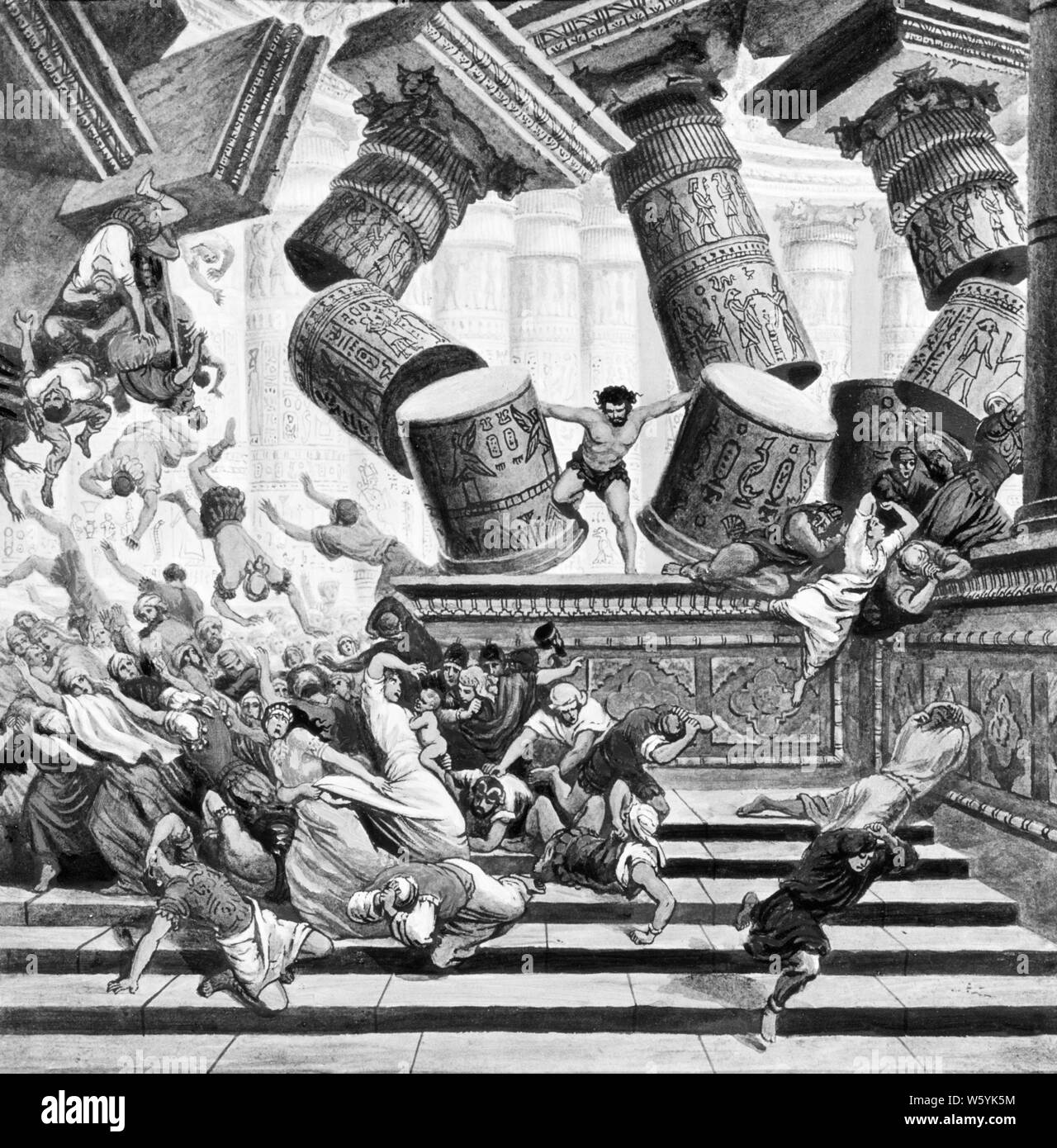 ILLUSTRATION OF BIBLICAL SAMSON THE NAZIRITE DESTROYING THE PHILISTINES’ TEMPLE OF DAGON  - a5833 SPL001 HARS MID-ADULT MAN RESTORED BIBLICAL BLACK AND WHITE DESTROYS OLD FASHIONED OLD TESTAMENT Stock Photo