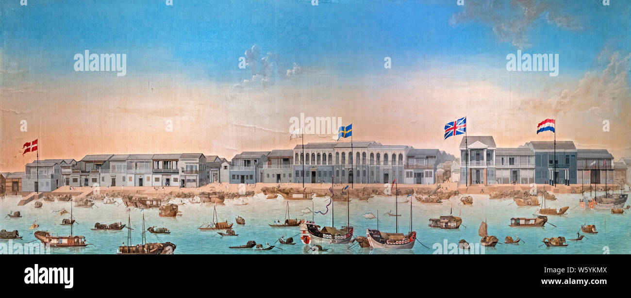 Panoramic view of the waterfront in Canton (Guangzhou), China in 1772. It illustrates foreign factories that were part of the Canton Trade System. Stock Photo