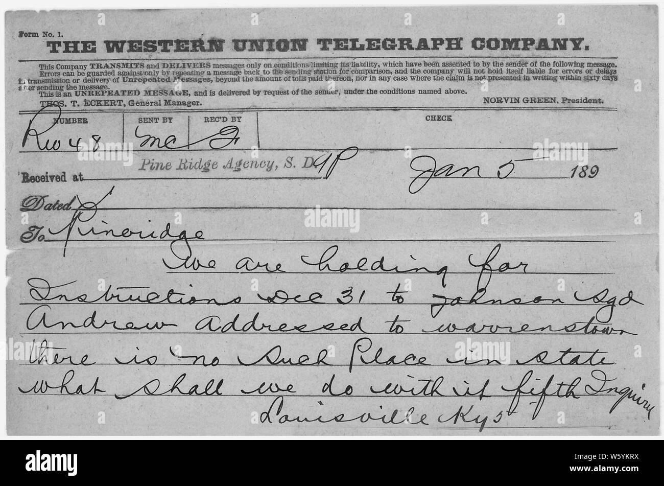 Waiting for Instructions; Scope and content:  This is document pertains to: Correspondence Between Military Officers Regarding Wounded Knee Tragedy. November 24, 1890 to January 24, 1891. Stock Photo