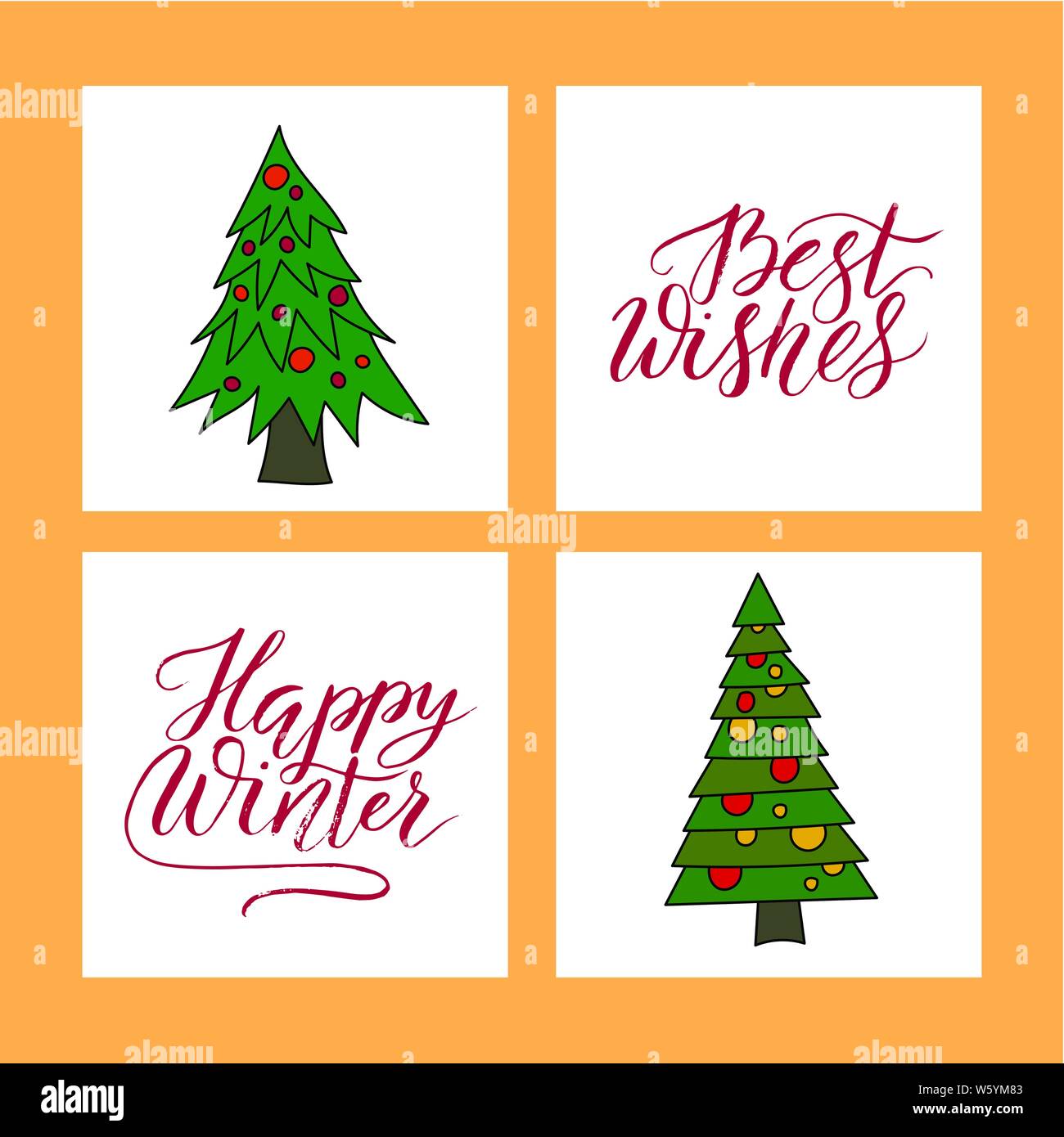 Vector Christmas card set with Christmas trees and hand lettering Stock ...