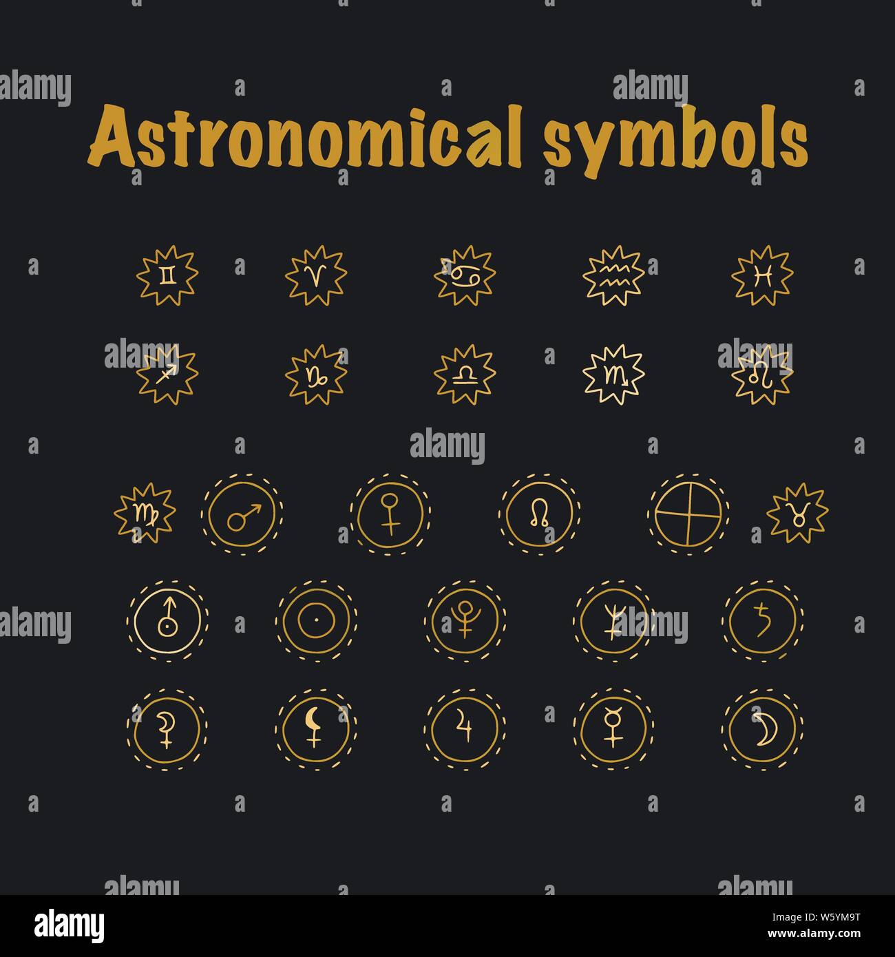 Astrology doodle symbols. Set of astrological graphic design elements. Vector icons collection. Stock Vector
