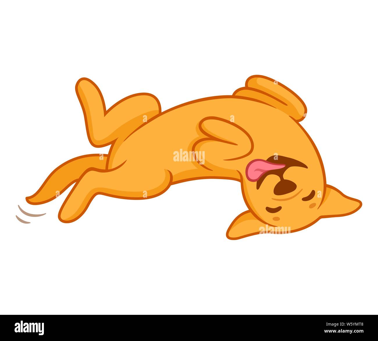 Funny cartoon dog rolling on its back with belly up. Cute friendly golden labrador retriever asking for tummy rubs. Vector clip art illustration. Stock Vector