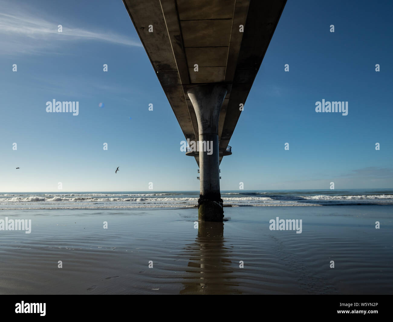 New Brighton pier from below with gulls, New Zealand Stock Photo