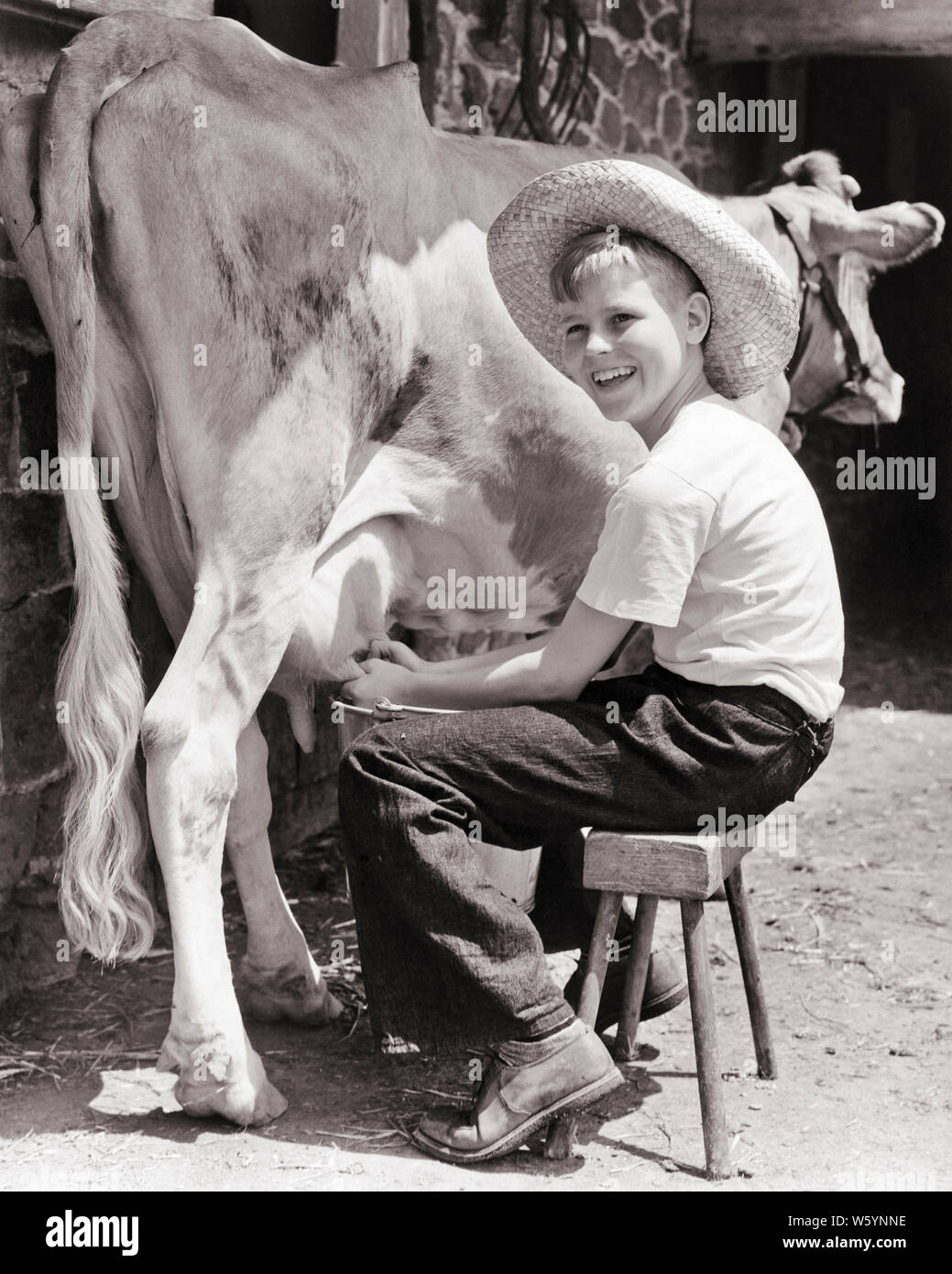 1940s SMILING BLONDE BOY SITTING ON STOOL WEARING STRAW HAT MILKING A COW - d1173 HAR001 HARS HALF-LENGTH COW FARMING MALES CONFIDENCE AGRICULTURE B&W GOALS HAPPINESS CHEERFUL CHORE MILKING FARMERS PRIDE SMILES DAIRYING CONNECTION JOYFUL COOPERATION JUVENILES PRE-TEEN PRE-TEEN BOY TASK BLACK AND WHITE CAUCASIAN ETHNICITY HAR001 OLD FASHIONED Stock Photo