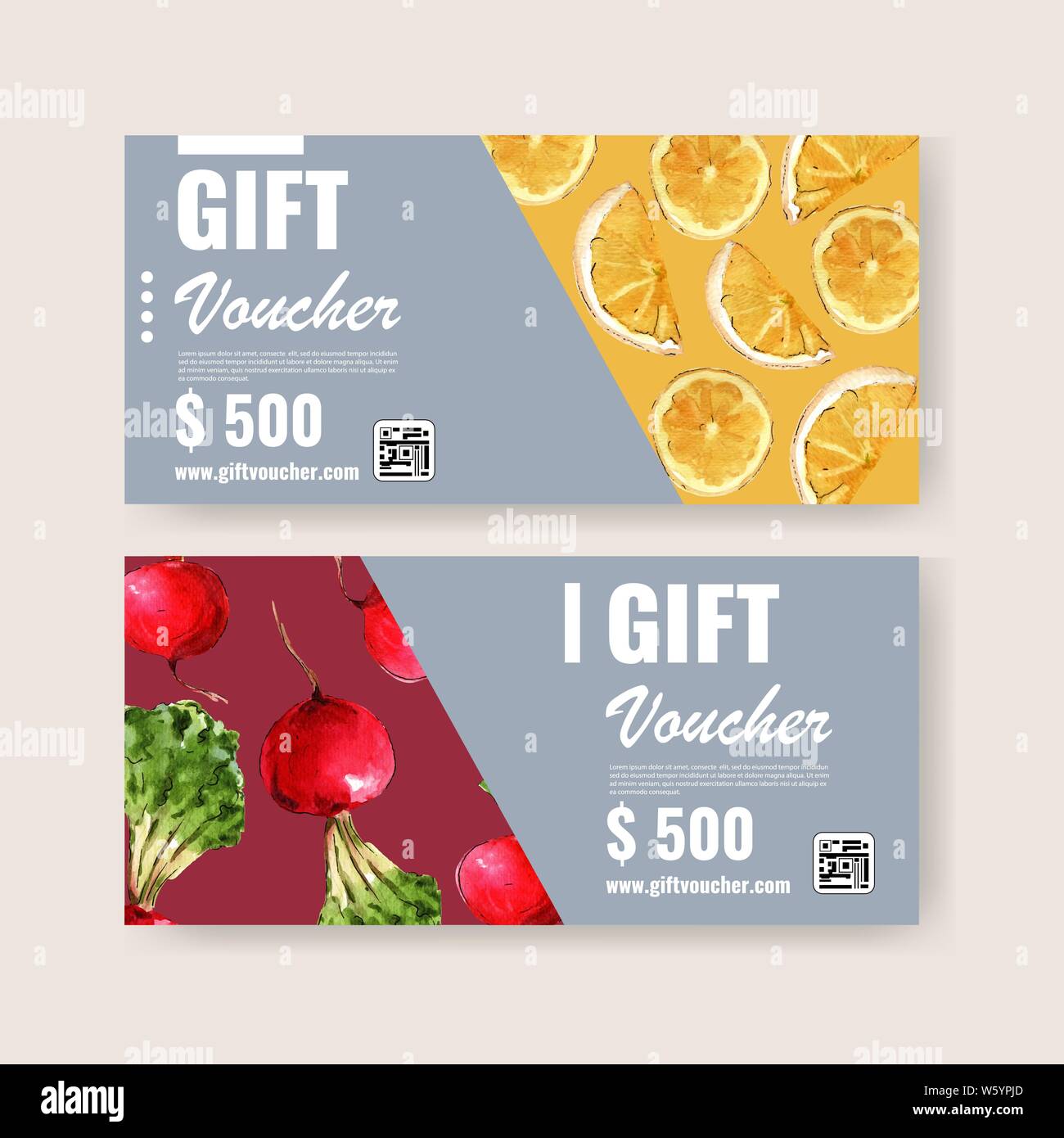 gift voucher vegetable watercolor paint collection. Fresh food organic