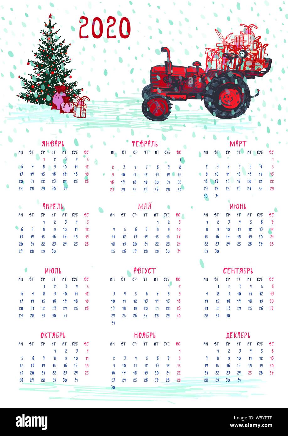 russian christmas calendar 2020 2020 Calendar Planner Whith Red Christmas Tractor New Year Tree And Celebrateted Gifts Xmas Theme Week Starts On Monday Russian Language Texts Sca Stock Vector Image Art Alamy russian christmas calendar 2020