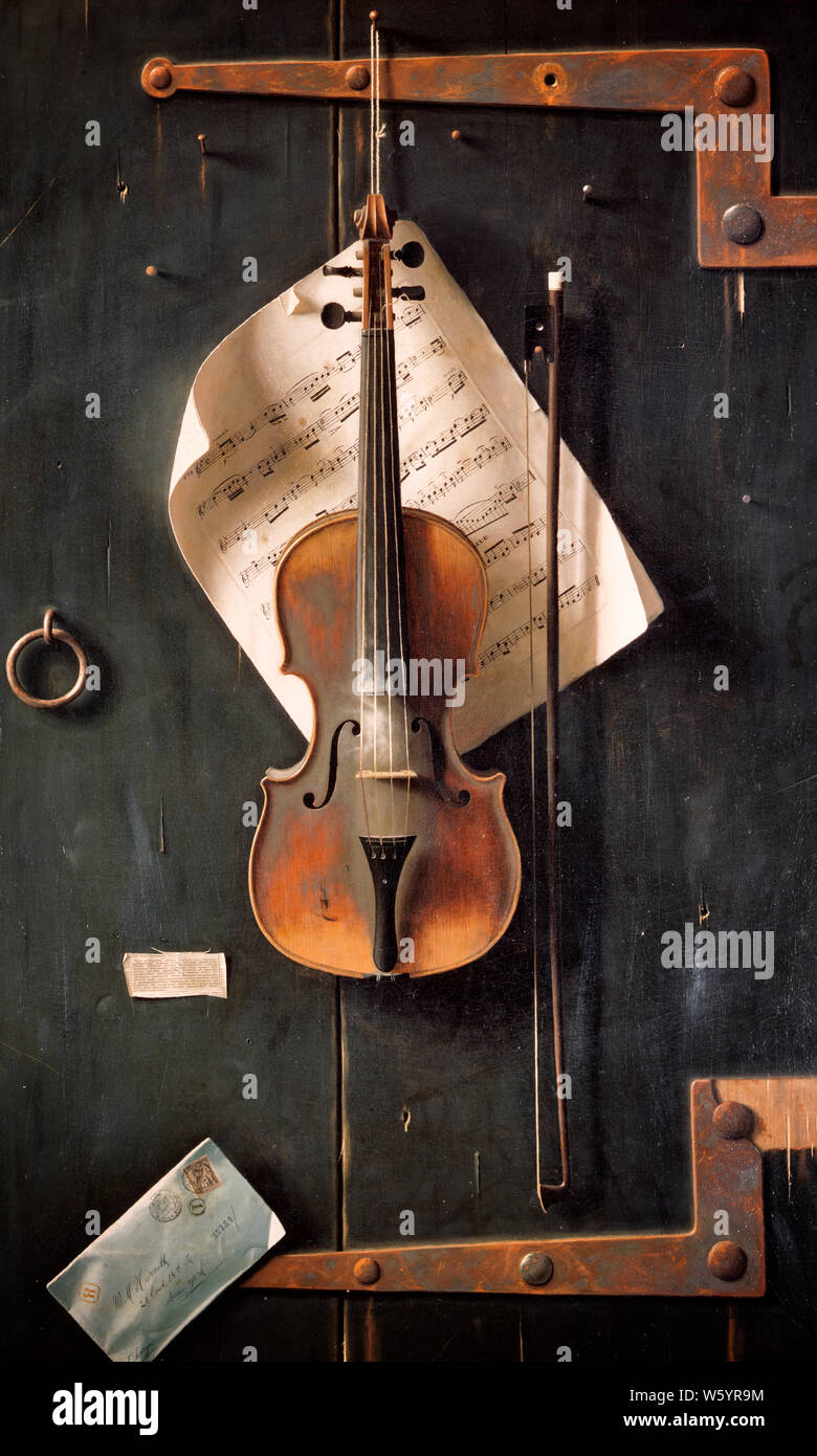 1800s THE OLD VIOLIN HANGING ON DOOR TROMPEL'OEIL PAINTING BY WILLIAM HARNETT  - ka9269 SPL001 HARS WILLIAM Stock Photo