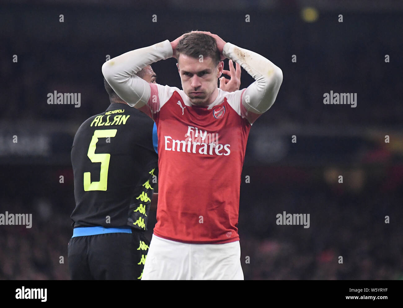 LONDON, ENGLAND - APRIL 11, 2019: Aaron Ramsey of Arsenal pictured during the first leg of the 2018/19 UEFA Europa League Quarter-finals game between Arsenal FC (England) and SSC Napoli (Italy) at Emirates Stadium. Stock Photo