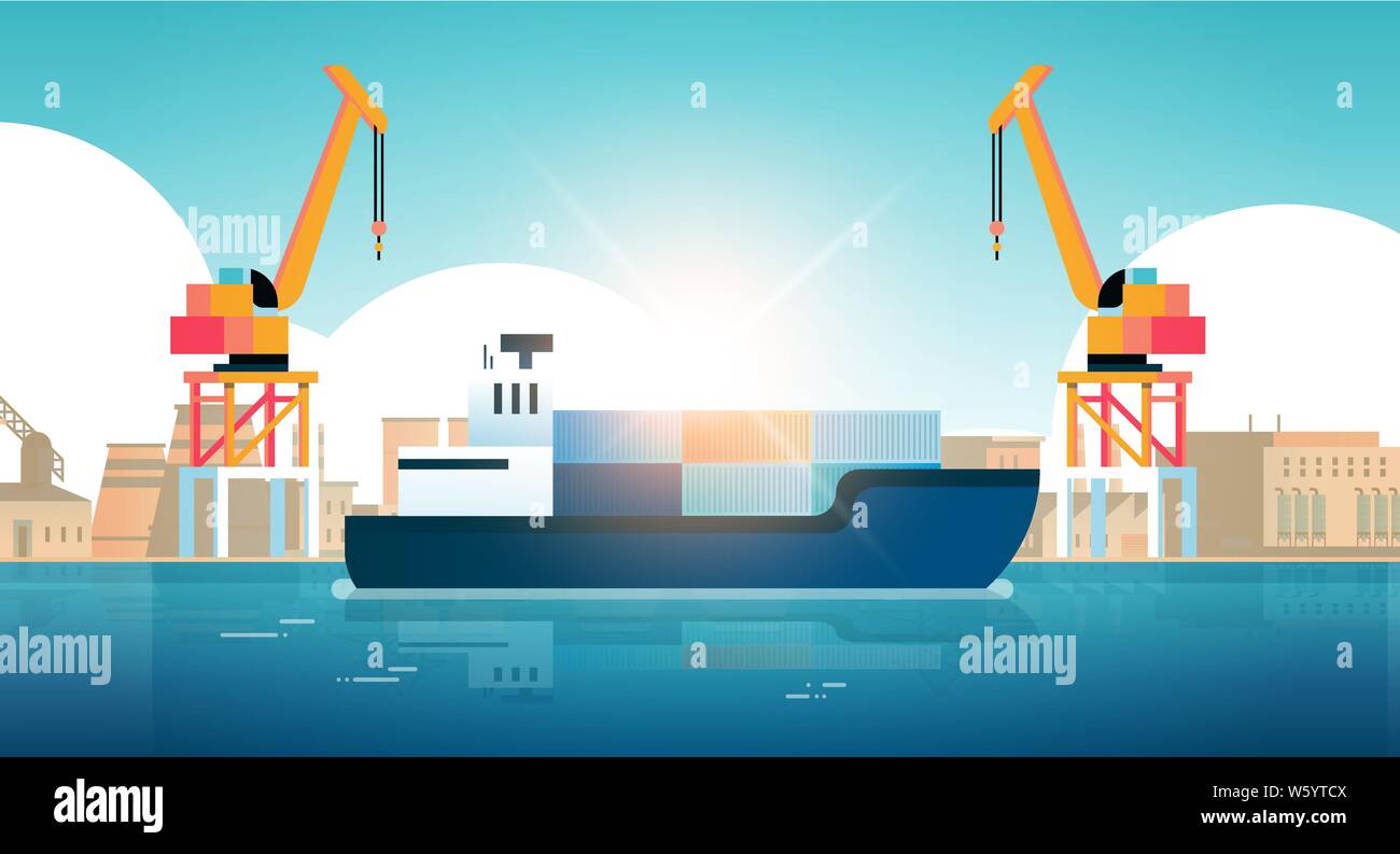 cranes in port loading containers on ship cargo industrial seaport sea ...