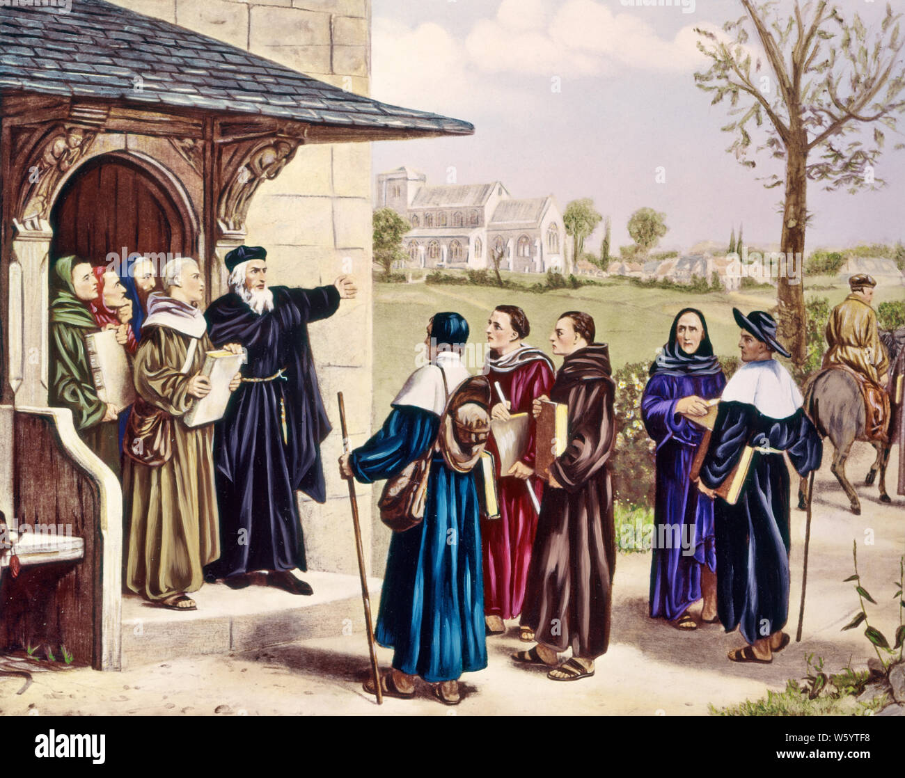 1500s 1536 DAWN OF THE REFORMATION AN OLDER MARTIN LUTHER SPEAKING TO MONKS AND PILGRIMS  - kr11243 SPL001 HARS LUTHERAN 1500s EXCOMMUNICATED MONKS OLD FASHIONED PROTESTANT REFORMATION THEOLOGIAN VERNACULAR Stock Photo
