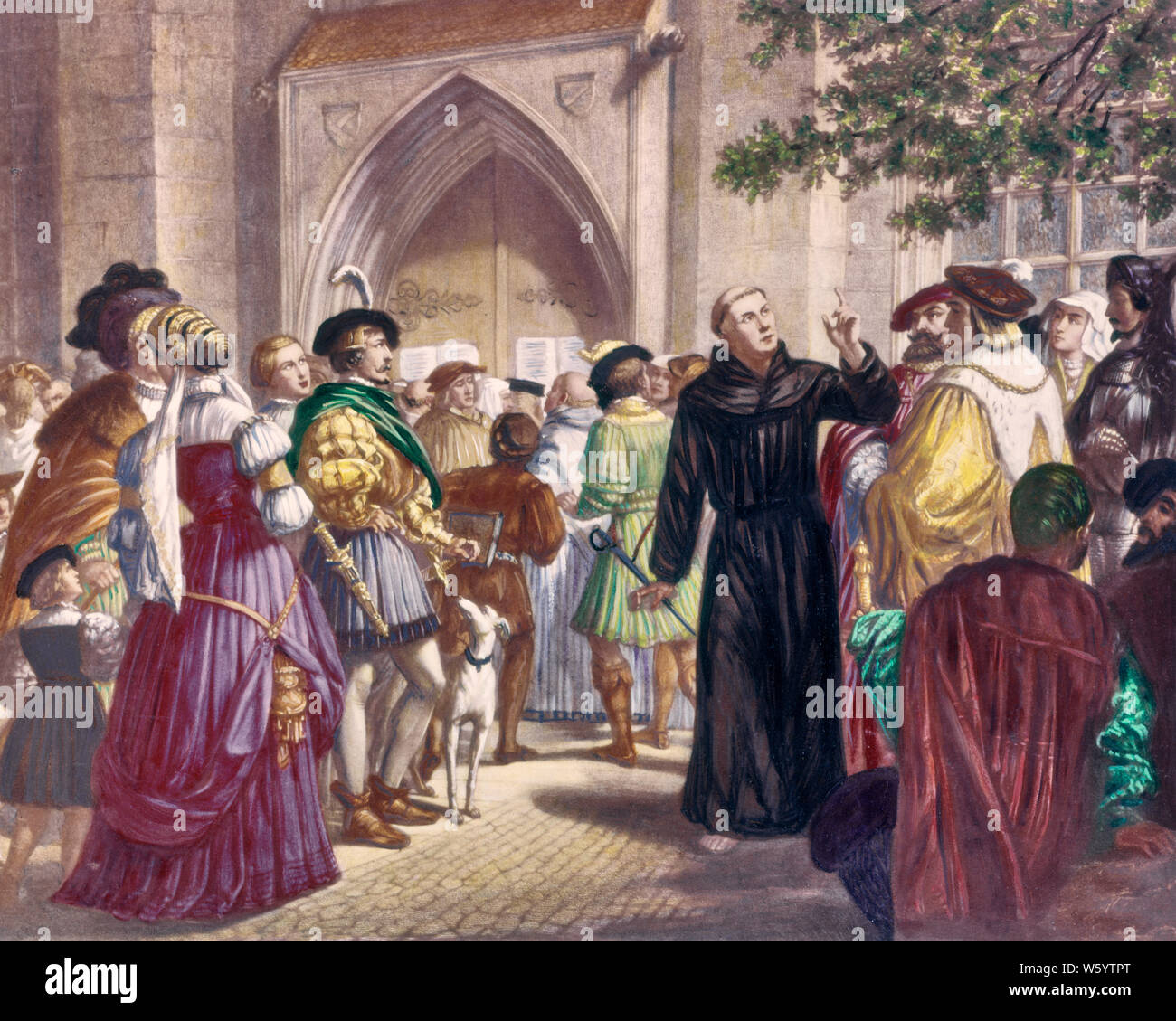 1500s 1517 MARTIN LUTHER AFTER NAILING NINETY-FIVE THESES TO CHURCH DOOR IN WITTENBURG GERMANY  - kr8300 SPL001 HARS REFORMER LUTHER MARTIN MARTIN LUTHER MONK CONCEPTUAL LUTHERAN NAILED 1500s EXCOMMUNICATED OLD FASHIONED PROTESTANT REFORMATION THEOLOGIAN VERNACULAR Stock Photo