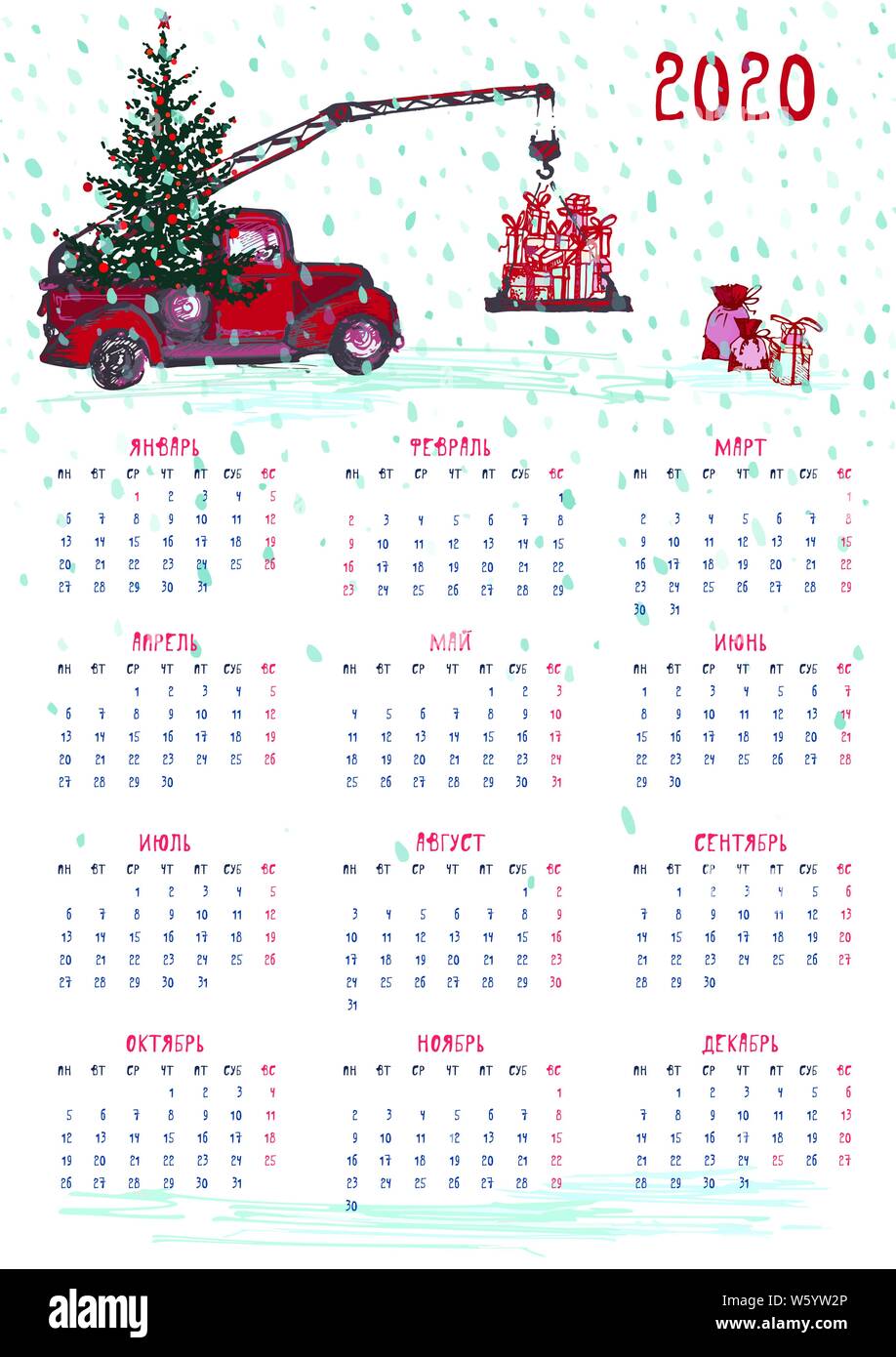 russian christmas calendar 2020 2020 Calendar Planner Whith Red Christmas Tractor New Year Tree And Celebrateted Gifts Xmas Theme Week Starts On Monday Russian Language Texts Sca Stock Vector Image Art Alamy russian christmas calendar 2020