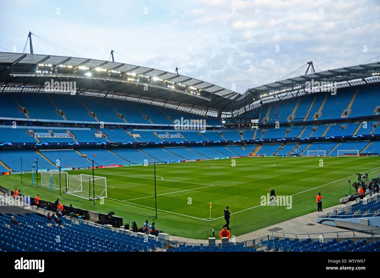 MANCHESTER, ENGLAND - SEPTEMBER 19, 2018: View of the venue pictured prior to the 2018/19 UEFA Champions League Group F game between Manchester City (England) and Olympique Lyonnais (France) at Etihad Stadium. Stock Photo