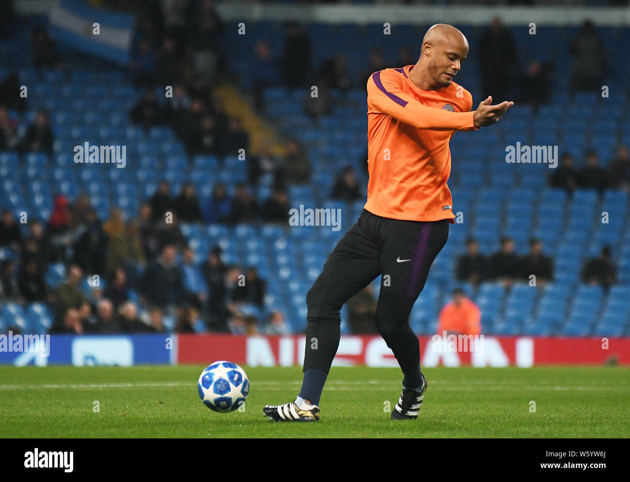 MANCHESTER, ENGLAND - SEPTEMBER 19, 2018: Vincent Kompany of City pictured prior to the 2018/19 UEFA Champions League Group F game between Manchester City (England) and Olympique Lyonnais (France) at Etihad Stadium. Stock Photo