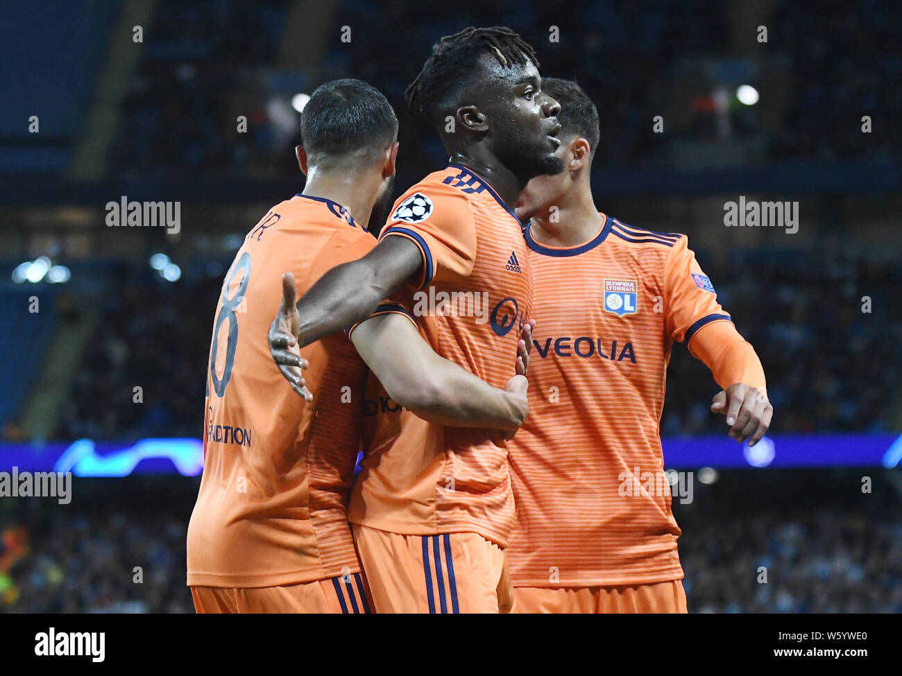 MANCHESTER, ENGLAND - SEPTEMBER 19, 2018: Maxwel Cornet of Lyon celebrates after he scored a goal during the 2018/19 UEFA Champions League Group F game between Manchester City (England) and Olympique Lyonnais (France) at Etihad Stadium. Stock Photo