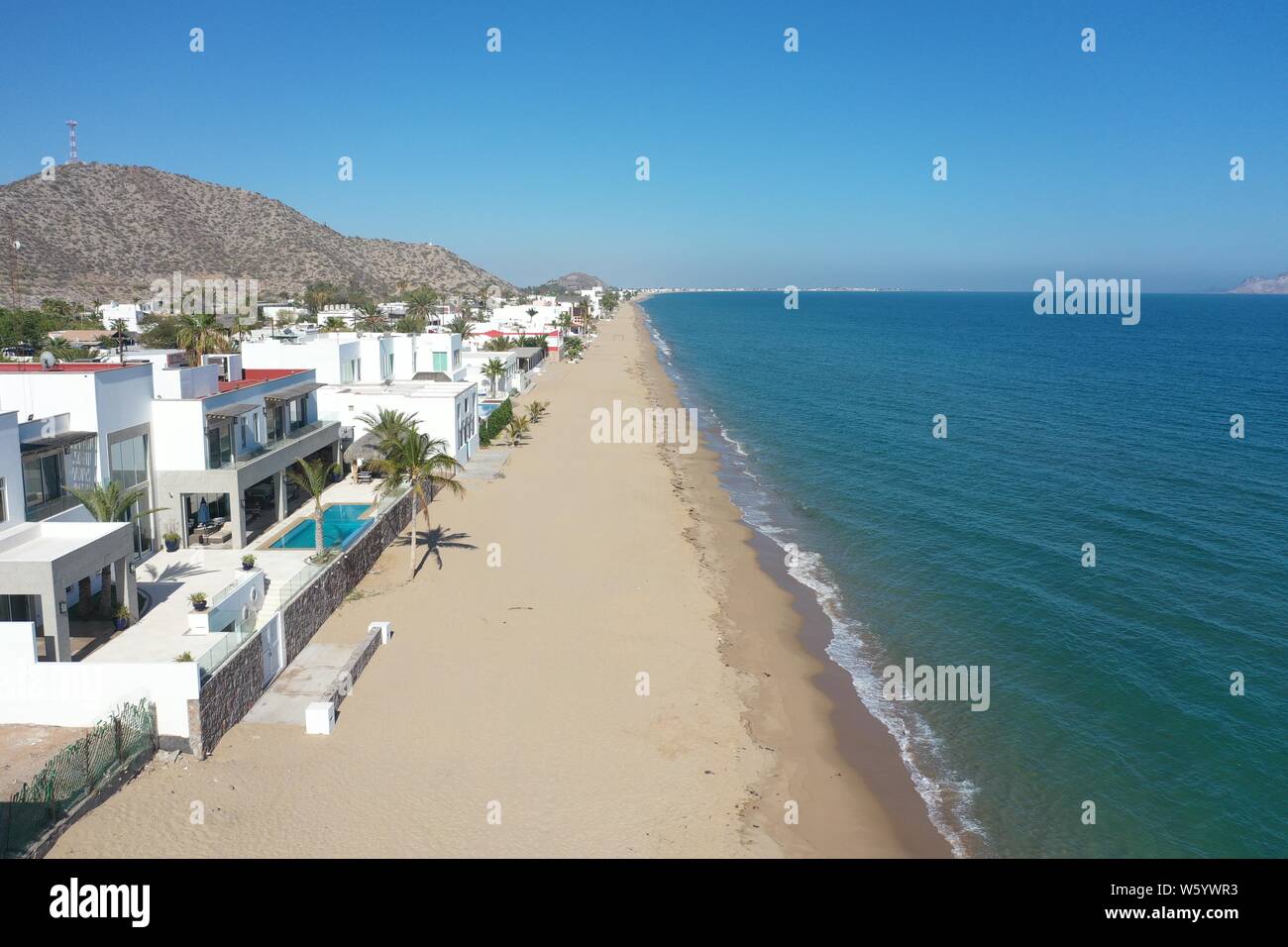 Aerial view of white beach houses in the Bay of Kino, Sonora, Mexico