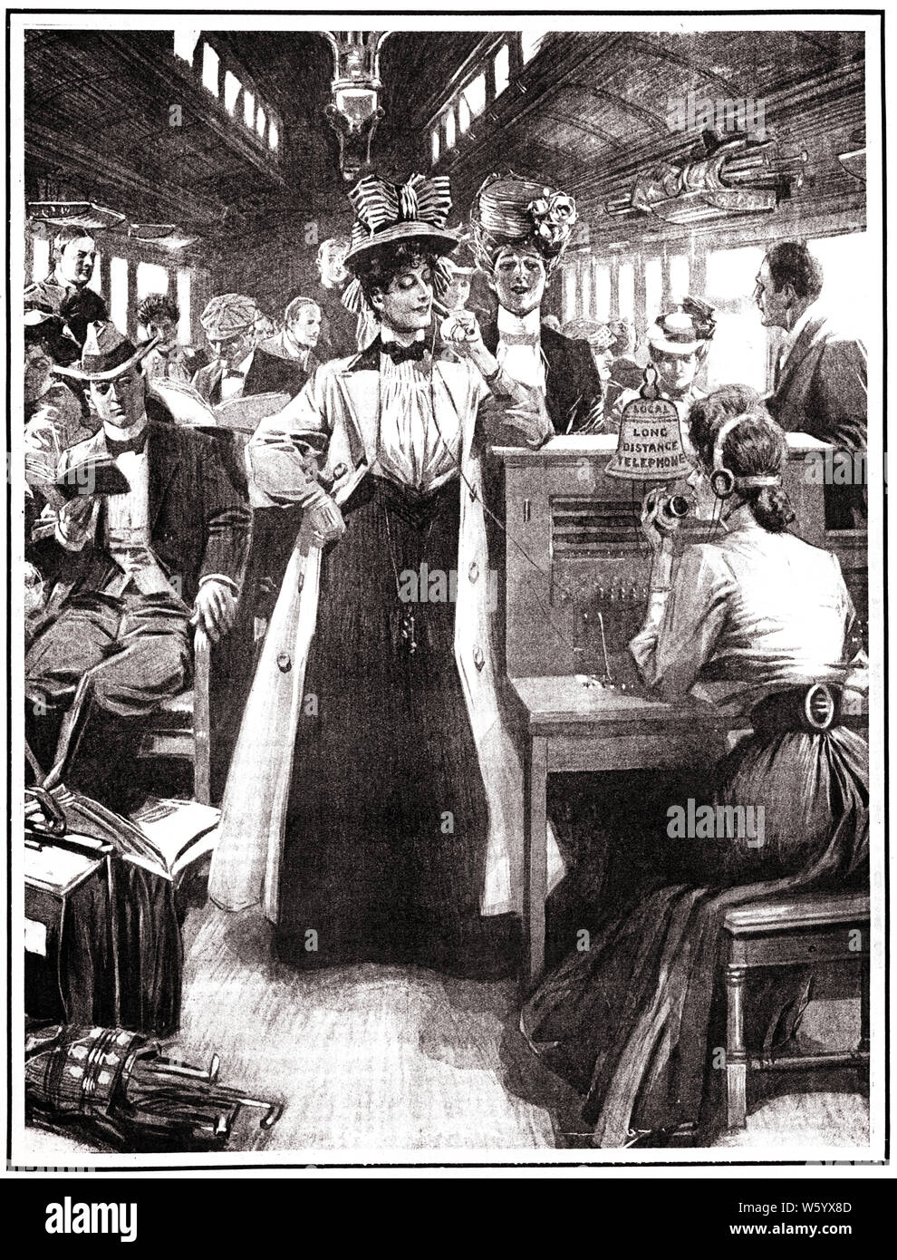 1890s 1900s ILLUSTRATION WOMAN CALLING ON TELEPHONE RIDING ON EXPRESS PASSENGER TRAIN RAILROAD CAR - o5545 CPC001 HARS STYLE COMMUNICATION YOUNG ADULT TECHNOLOGY TEAMWORK INFORMATION VACATION RAILROAD FASHIONABLE JOY LIFESTYLE HISTORY CALL FEMALES PASSENGERS HEALTHINESS LUXURY PASSENGER FRIENDSHIP FULL-LENGTH LADIES PERSONS MALES SPEAK CALLING TRANSPORTATION B&W SWITCHBOARD SUCCESS RAIL HAPPINESS OPERATOR CONTACT LEISURE STYLES STRATEGY CUSTOMER SERVICE NETWORKING EXCITEMENT KNOWLEDGE PROGRESS RECREATION VOICE INNOVATION AUTHORITY HOLIDAYS HIGH TECH CONNECTION 19TH CENTURY CONNECTED TELEPHONES Stock Photo