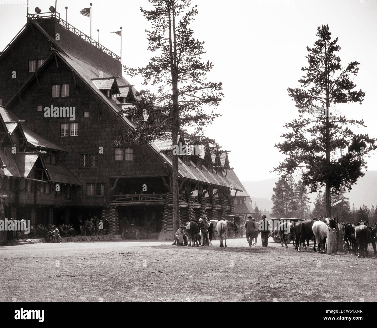 1920s SADDLE HORSES AND VACATIONING PEOPLE OUTSIDE THE 1904 OLD FAITHFUL INN LOG HOTEL YELLOWSTONE NATIONAL PARK WYOMING USA - r1419 HAR001 HARS INSPIRATION SADDLE UNITED STATES OF AMERICA MALES ARCHITECT ENTERTAINMENT TRANSPORTATION B&W WYOMING NORTH AMERICA FREEDOM NORTH AMERICAN TIME OFF WIDE ANGLE HAPPINESS MAMMALS RUSTIC ADVENTURE LEISURE STRENGTH TRIP AND GETAWAY COMPOSITE EXTERIOR LOW ANGLE RECREATION INNOVATION PRIDE THE HOLIDAYS 1904 MATERIALS STYLISH ELECTRIC LIGHTS AMERICAN WEST VACATIONING WY MAMMAL NATIONAL HISTORIC LANDMARK NATIONAL PARK SERVICE RELAXATION VACATIONS Stock Photo