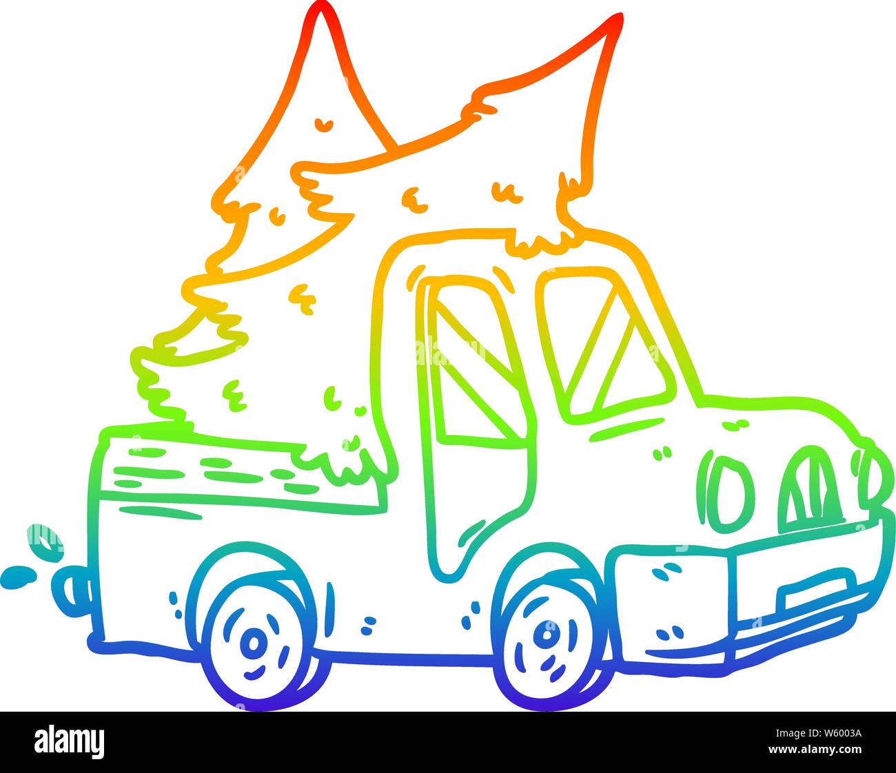 rainbow gradient line drawing of a pickup truck carrying christmas trees Stock Vector
