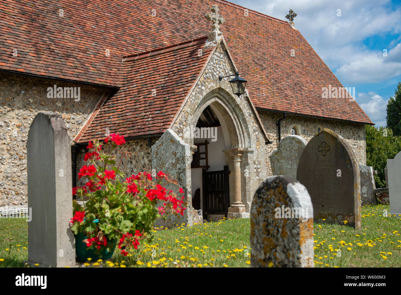 The church porch of the Anglican St Nicholas Church, West Itchenor, Chichester Harbour, Chichester, West Sussex, England, United Kingdom Stock Photo
