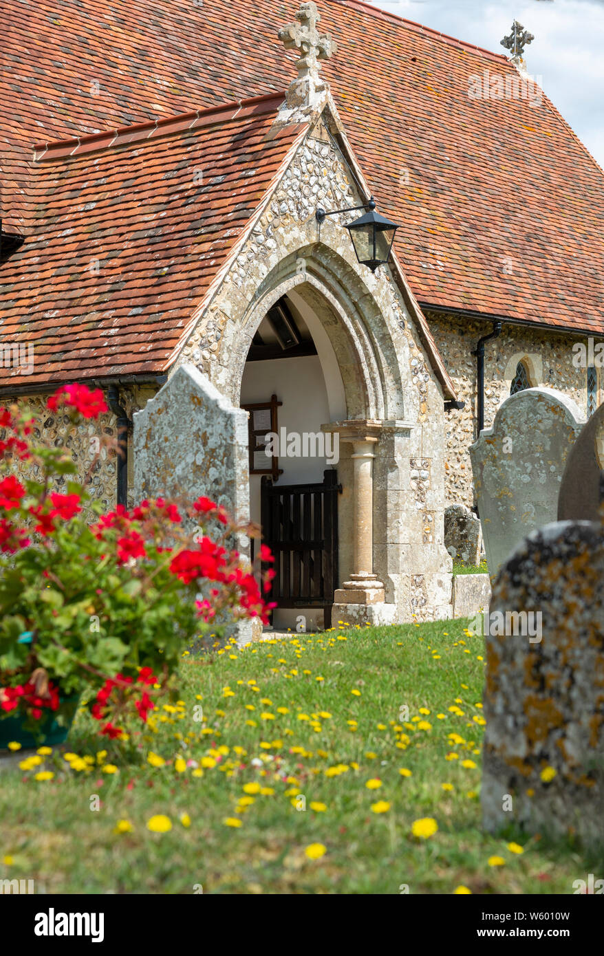 The church porch of the Anglican St Nicholas Church, West Itchenor, Chichester Harbour, Chichester, West Sussex, England, United Kingdom Stock Photo