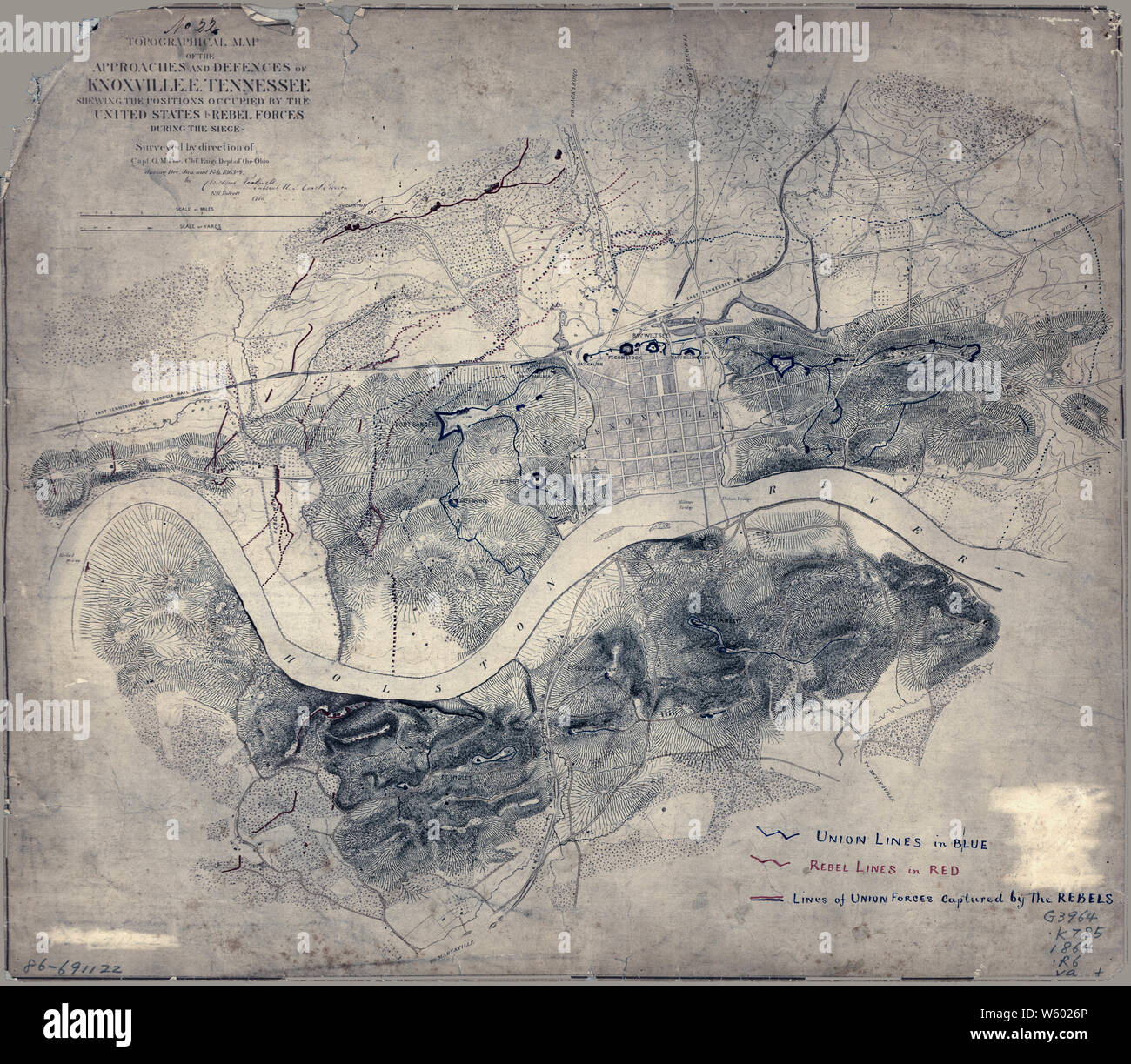 Civil War Maps 1838 Topographical map of the approaches and defences of Knoxville E Tennessee shewing the positions occupied by the United States Rebel forces during the siege Rebuild and Repair Stock Photo