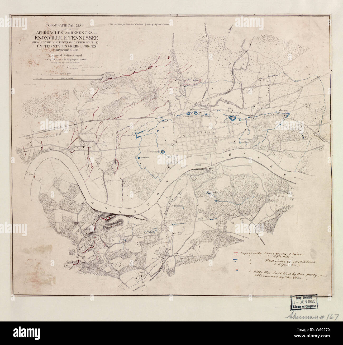 Civil War Maps 1838 Topographical map of the approaches and defences of Knoxville E Tennessee shewing the positions occupied by the United States Rebel forces during the siege 02 Rebuild and Repair Stock Photo