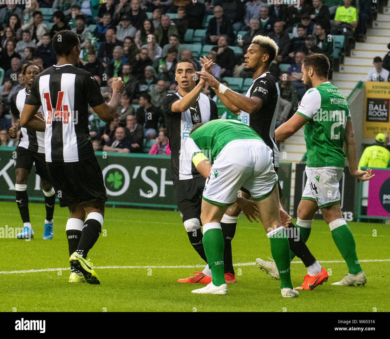EDINBURGH, SCOTLAND - JULY 28:  Newcastle Utd's record signing, Brazilian striker, Joelinton, is mobbed by teammates after scoring his first goal for the club to equalise during the first half of the Pre-Season Friendly match between Hibernian and Newcastle United on July 28, 2019 in Edinburgh, Scotland. (Photo by Alamy/Ian Jacobs) Stock Photo