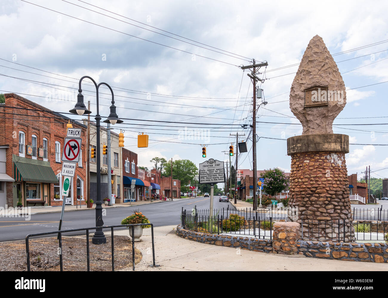 OLD FORT, NC, USA-27 JULY 19: A monument stands on a corner of Main St., documenting the old Appalachian Indian Road. Stock Photo
