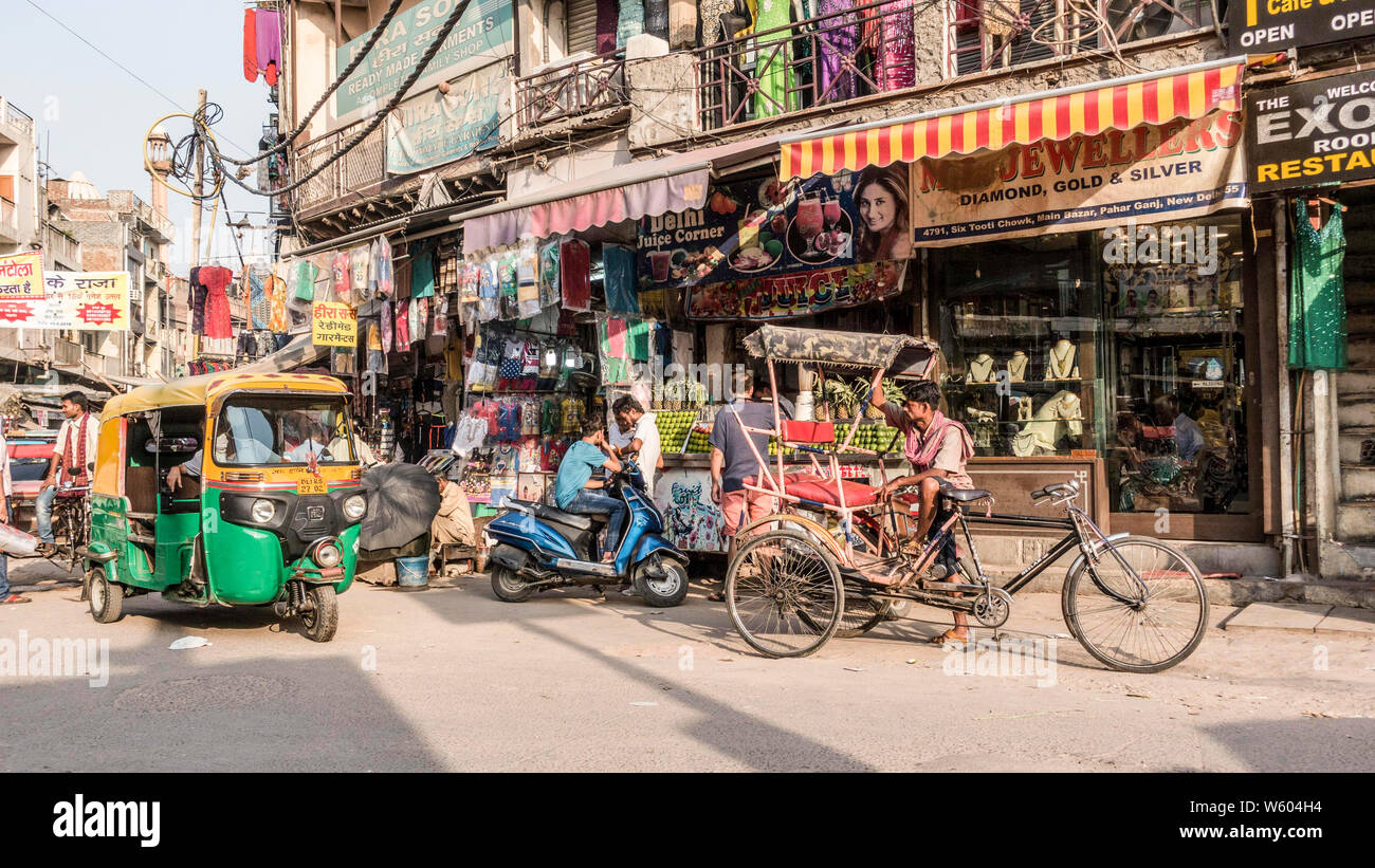 INDIA, NEW DELHI, Main Bazaar Road in Paharganj New Delhi is a popular shopping street in Delhi Stock Photo