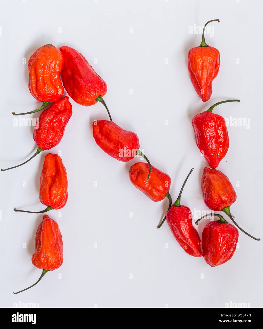 Letter N Alphabet Made With Ghost Pepper Bhoot Jolokia Over White 
