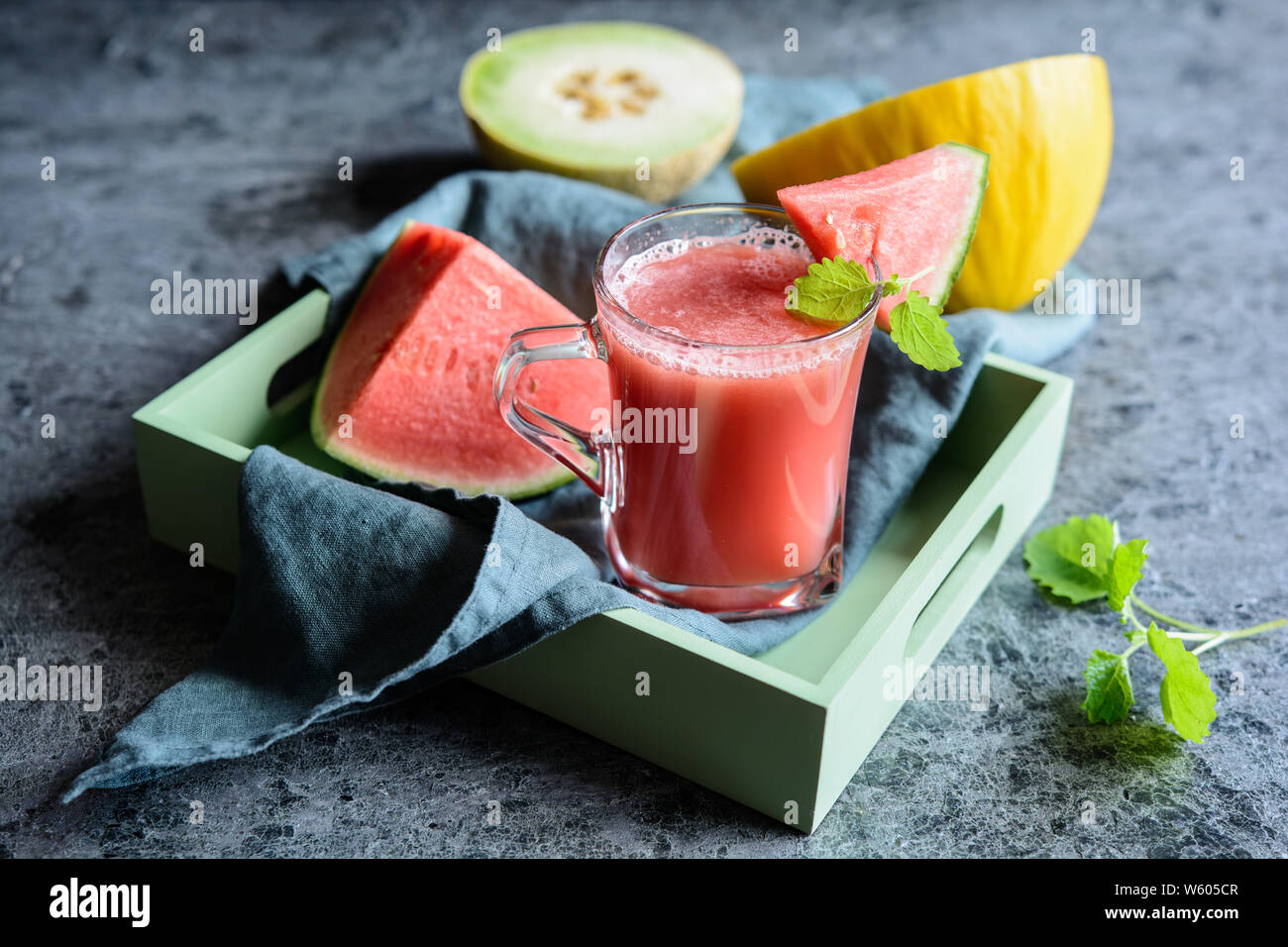 Cold summer drink, refreshing juice made from three types of watermelon Stock Photo