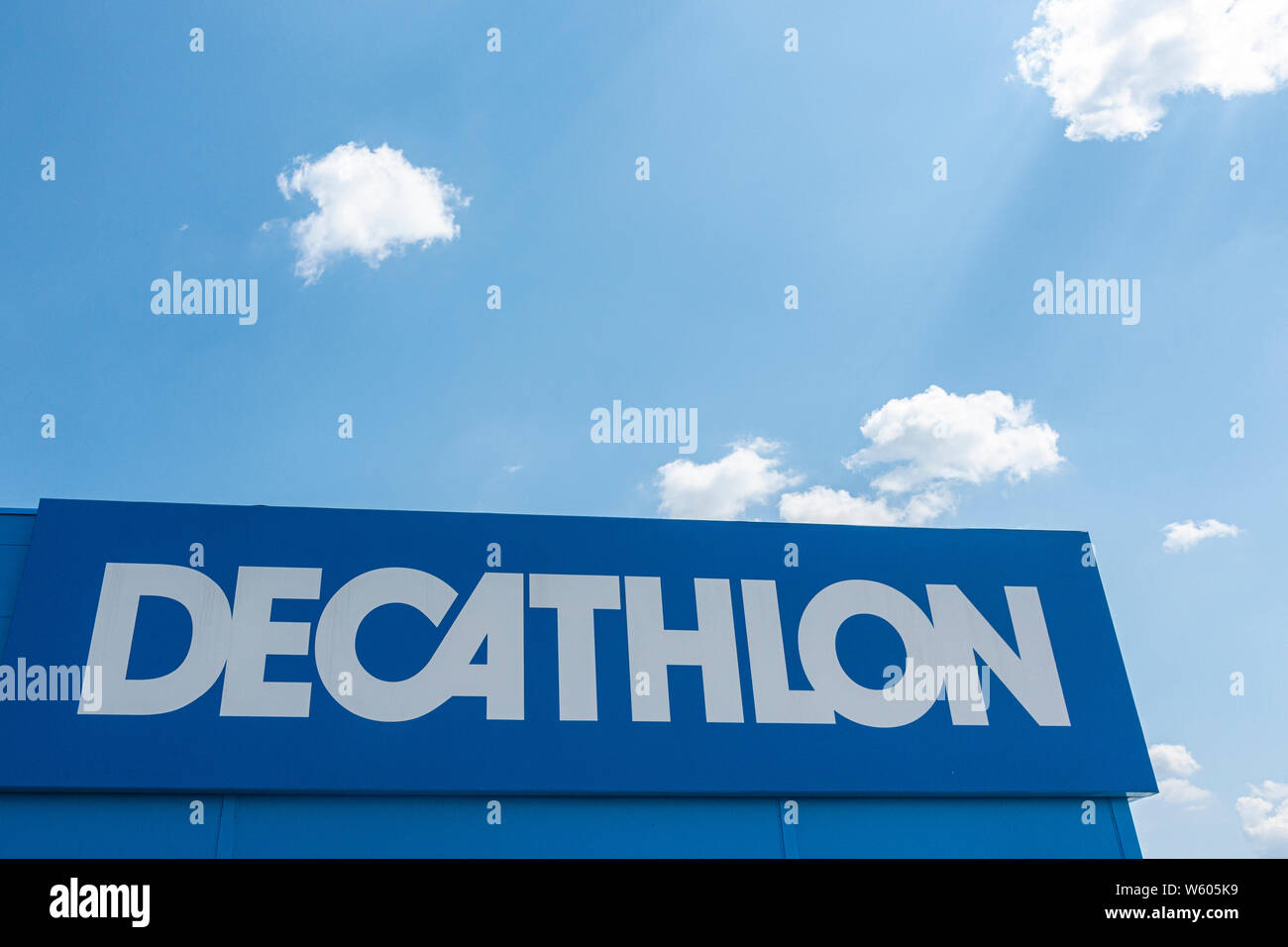Vilnius, Lithuania July 21, 2019 - Decathlon sign on a store wall. Decathlon is largest sporting goods retailer in the world Stock Photo