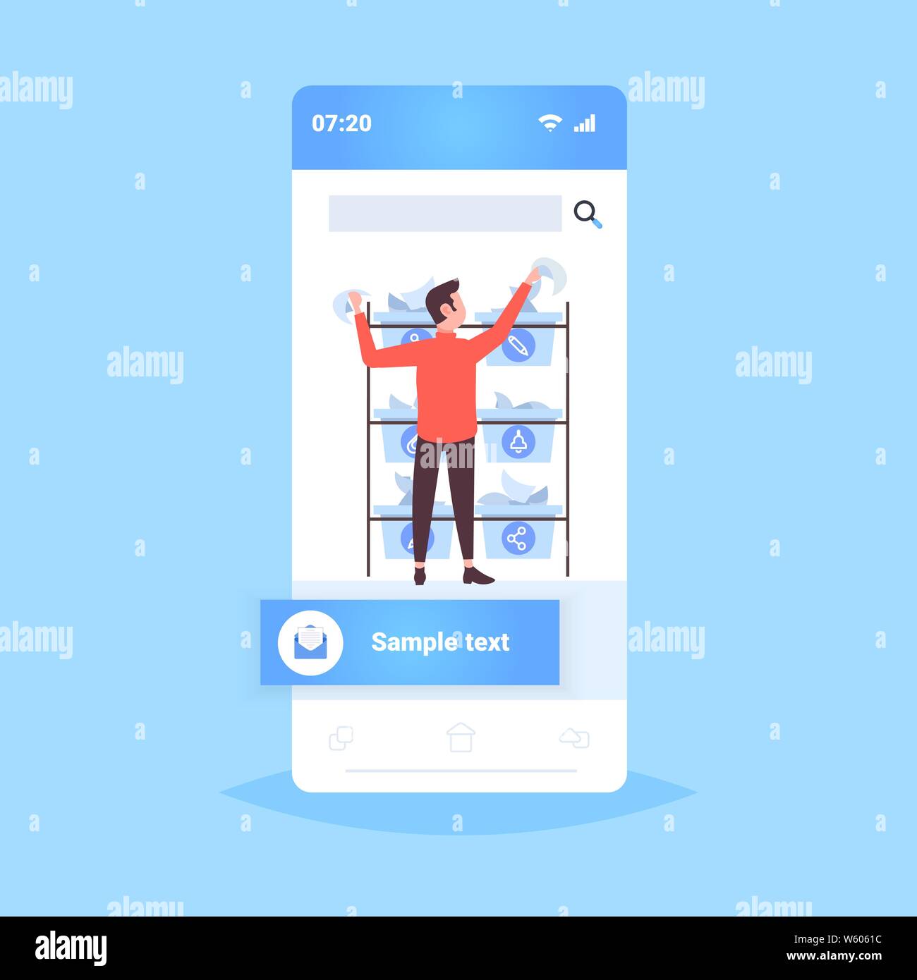 postman putting paper letters in different baskets mail postal delivery service concept smartphone screen online mobile application flat full length Stock Vector