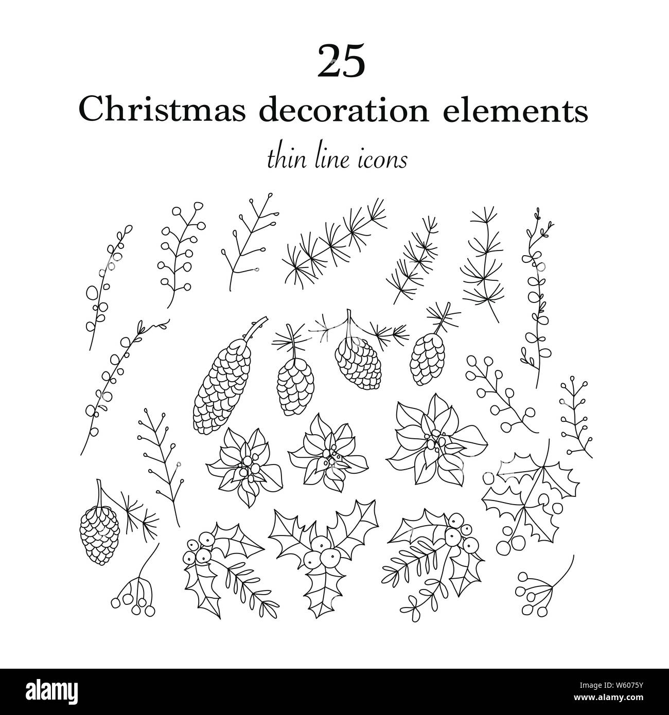 Set of 25 Christmas botanical symbols. Thin line vector icons. Xmas ...